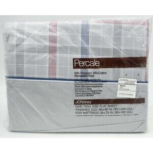 Vintage JCPenney Twin Flat Sheet Percale Cotton Blend Floral Plaid Retro 1980s
